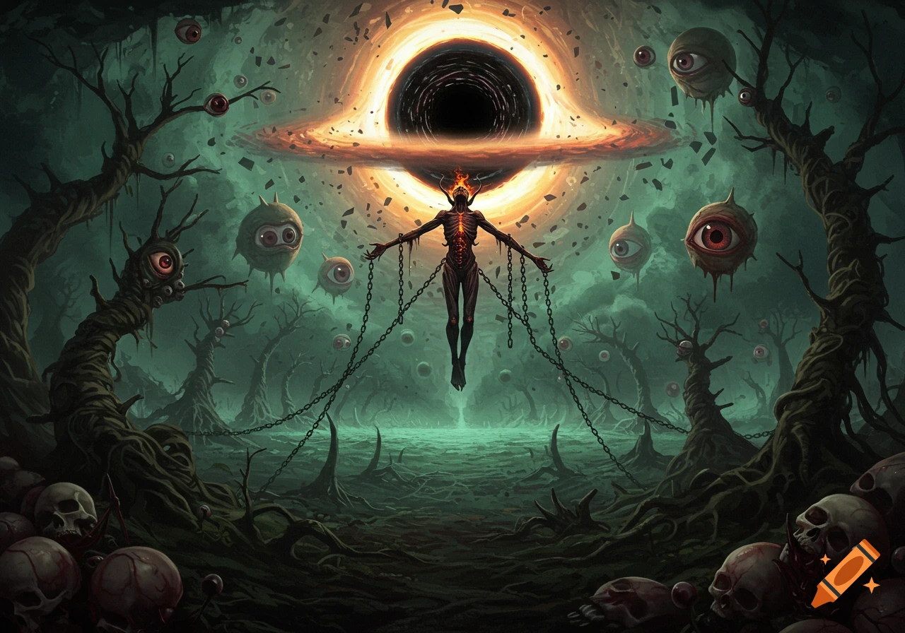 A dark fantasy scene with a skeletal figure chained under a black hole, surrounded by floating eyes and gnarled trees, with skulls on the ground.