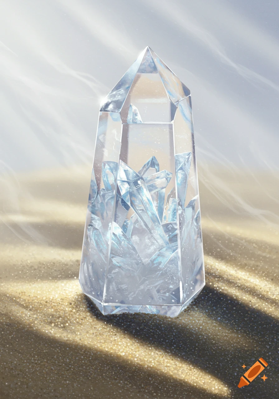An elongated clear quartz crystal filled with smaller blue crystals stands on a sandy surface.