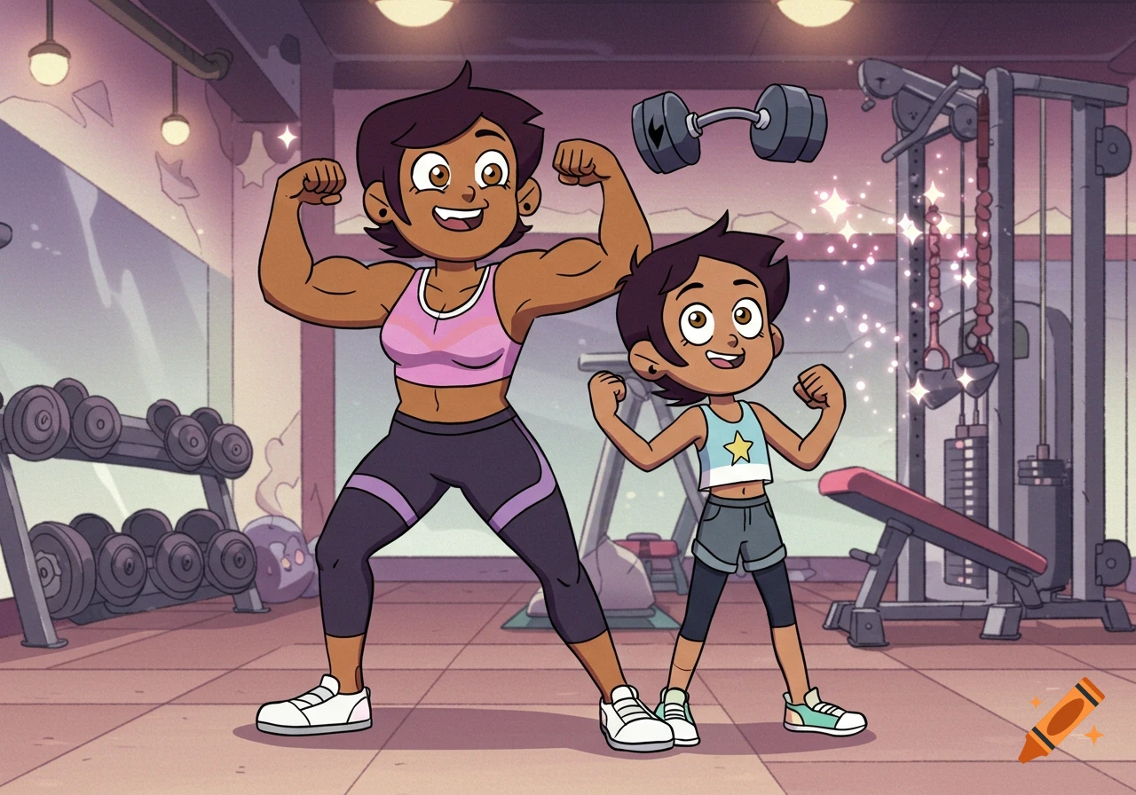 Cartoon of a muscular woman and a young girl flexing their arms in a gym, with a floating dumbbell.