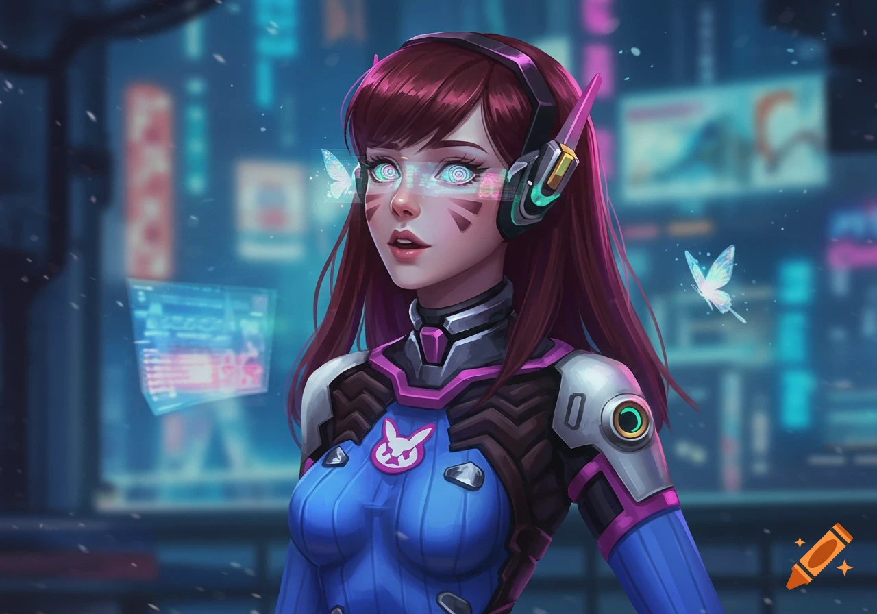 Digital art of D.va from Overwatch, with glowing eyes and holographic butterflies, in a cyberpunk city.