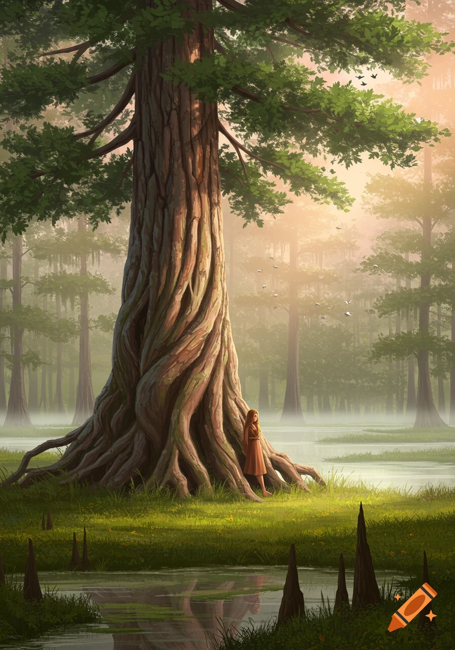 A giant tree with gnarled roots stands in a misty, mossy swamp, with a girl in a dress leaning against its trunk.