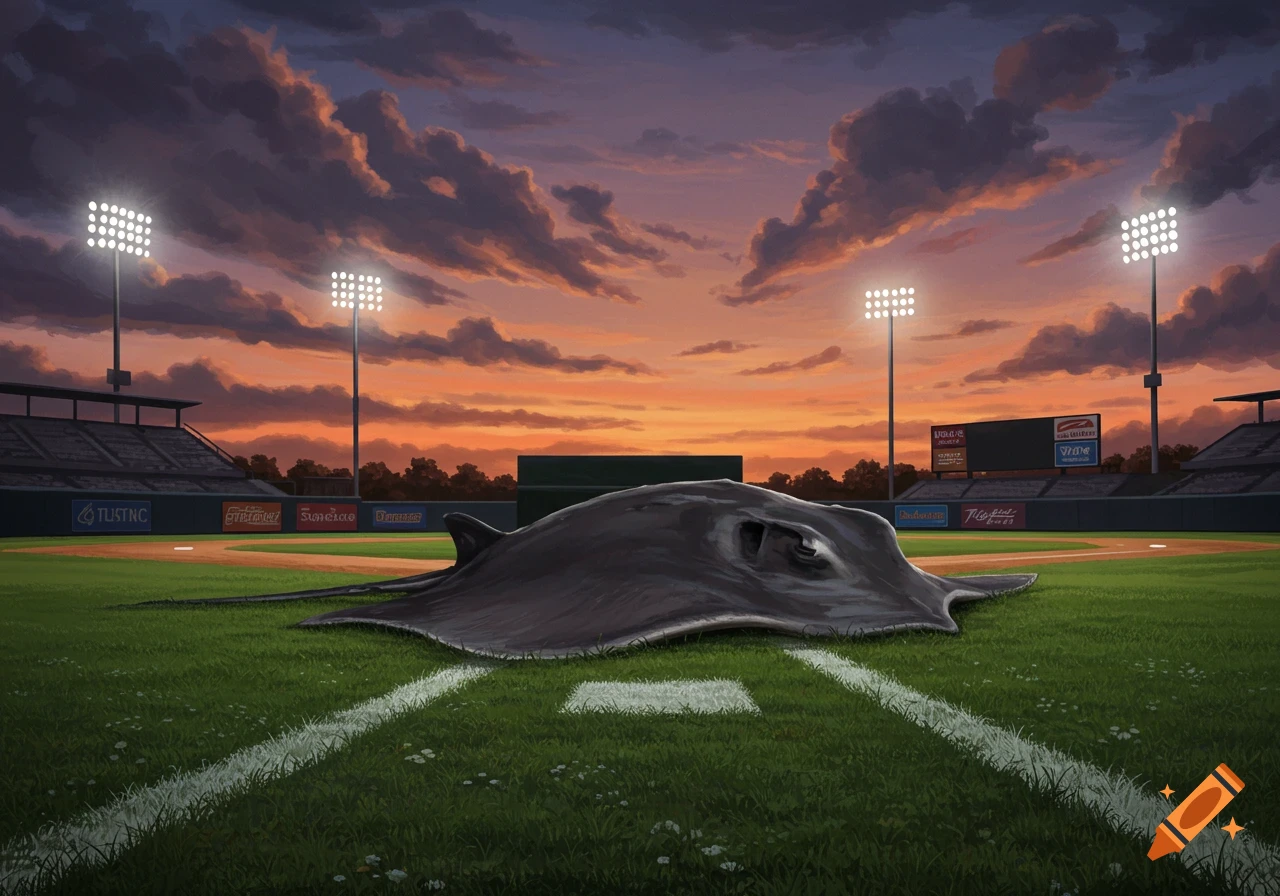 A dead stingray lies on a baseball field at sunset, with stadium lights illuminating the dramatic sky.