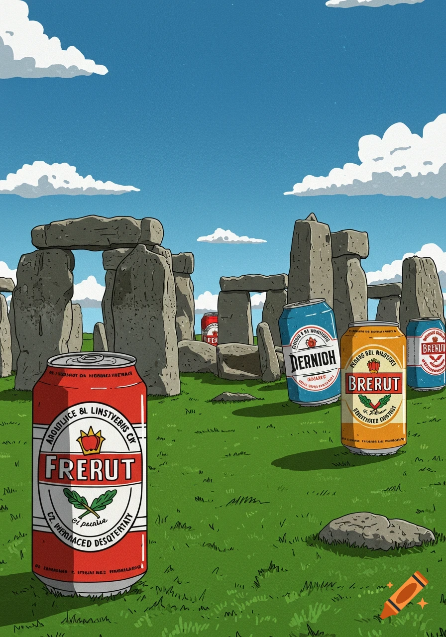 A cartoon illustration of Stonehenge with several large, colorful beer cans in the foreground and midground on a grassy field under a blue sky with clouds.