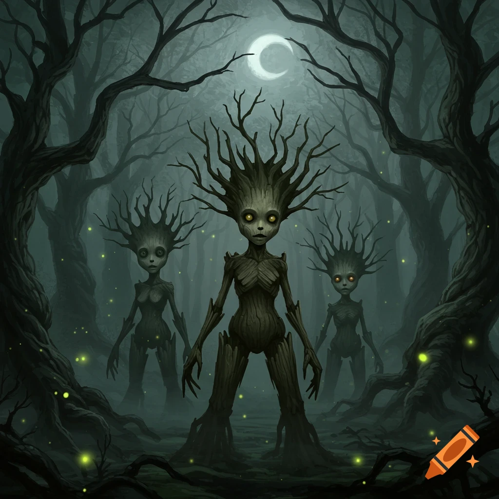 Three slender, humanoid tree creatures with glowing yellow eyes stand in a dark, misty forest under a crescent moon, with glowing fireflies around them. The creatures' bodies resemble bark and branches.