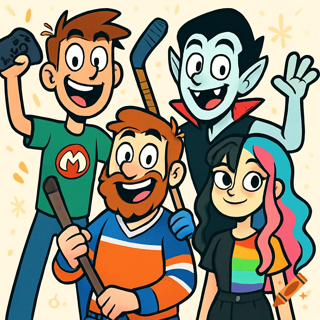 A colorful cartoon illustration of four diverse friends: a boy with a game controller, a bearded man in a hockey jersey, a vampire, and a girl with half-pink, half-aqua hair and a rainbow shirt.