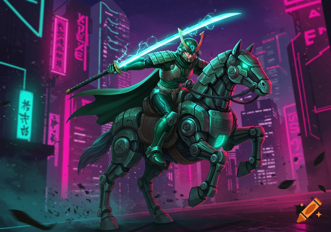 A cyberpunk samurai in green armor rides a teal robotic horse, wielding a glowing blue sword, against a neon city backdrop.