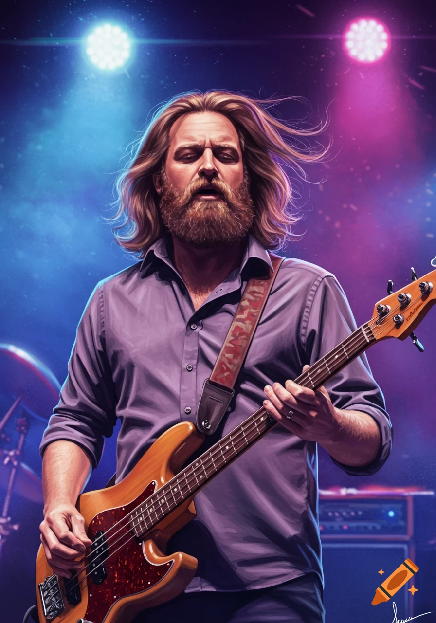 A bearded man with long hair plays a bass guitar on stage under blue and pink spotlights.