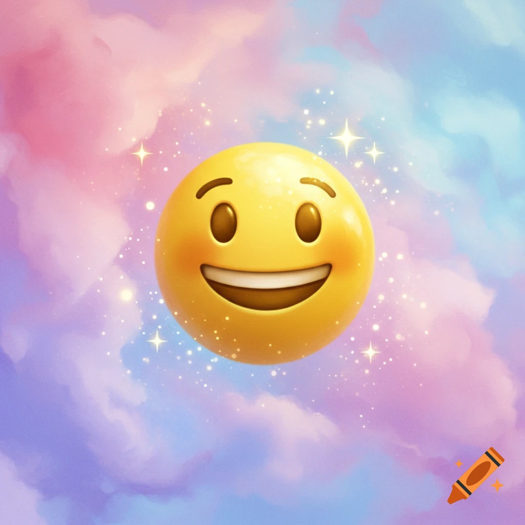A glossy, happy face emoji floats against a background of pink and blue pastel clouds with sparkling lights.