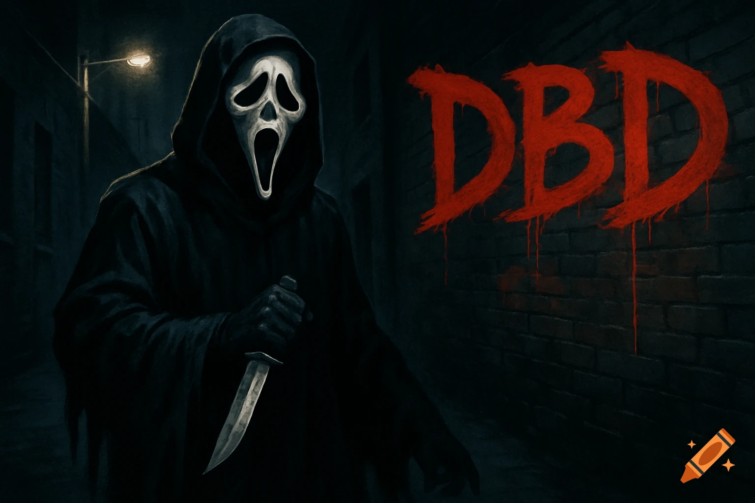 Ghostface holds a knife in a dark alley, with red 'DBD' graffiti on a brick wall.