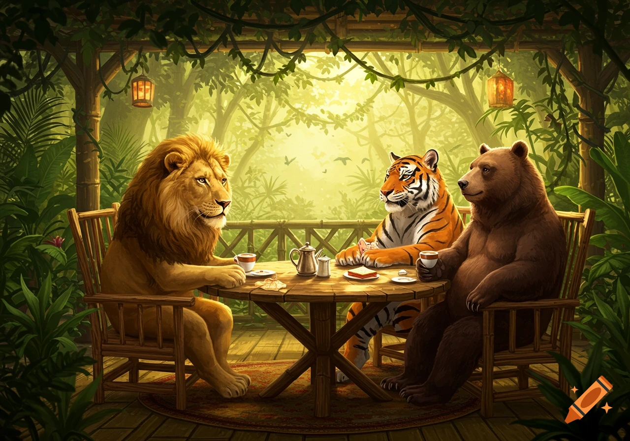 A whimsical illustration of a lion, tiger, and bear sitting at a wooden table, drinking coffee and eating sandwiches in a lush jungle cafe.