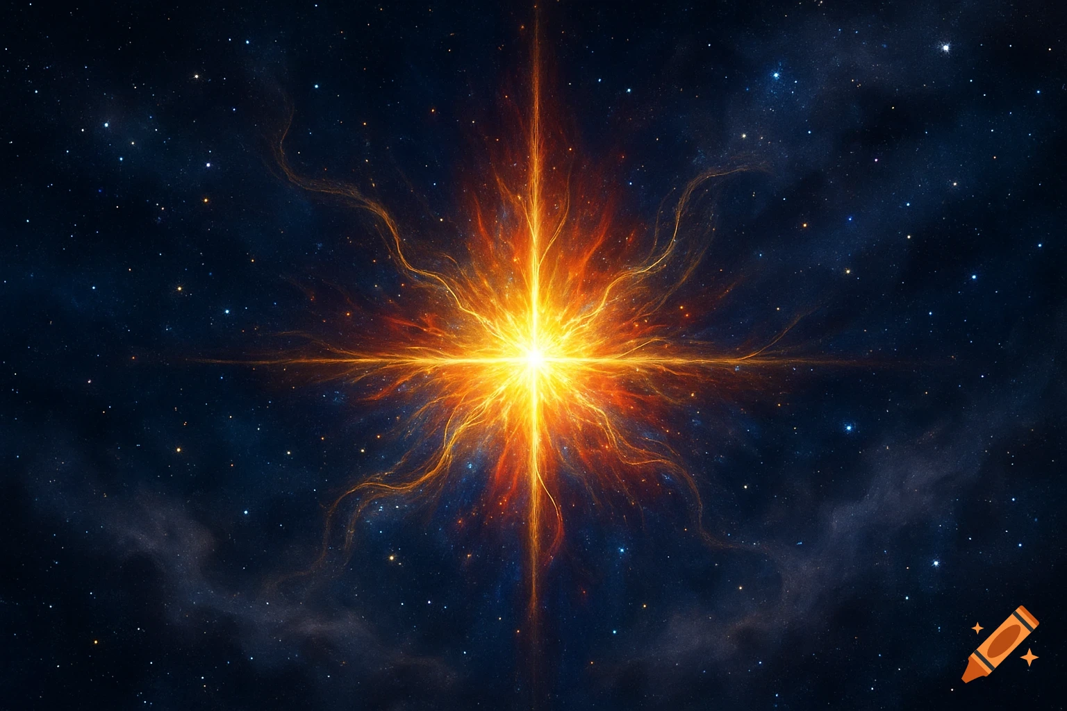 A bright, fiery orange and yellow star with radiant light and energy tendrils against a dark blue cosmic background filled with tiny stars.