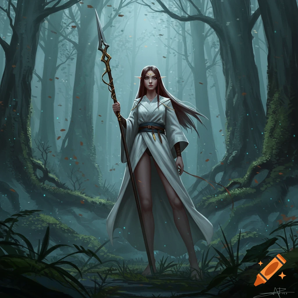 A female elf in a white robe holding a spear stands in a mystical forest.