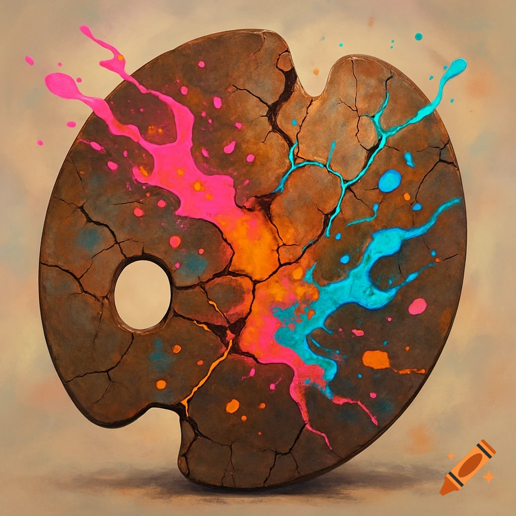 A cracked artist's palette with vibrant pink, orange, and blue paint splatters.