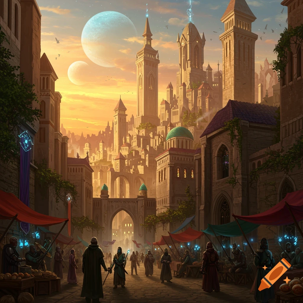 A bustling fantasy city market at sunset with two moons in the sky, featuring towering buildings and people.