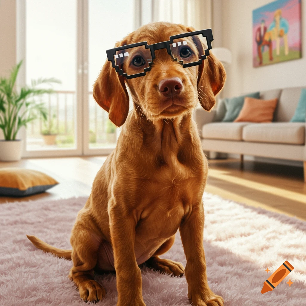 A cute vizsla puppy wearing pixelated glasses sits on a fluffy pink rug in a bright living room.