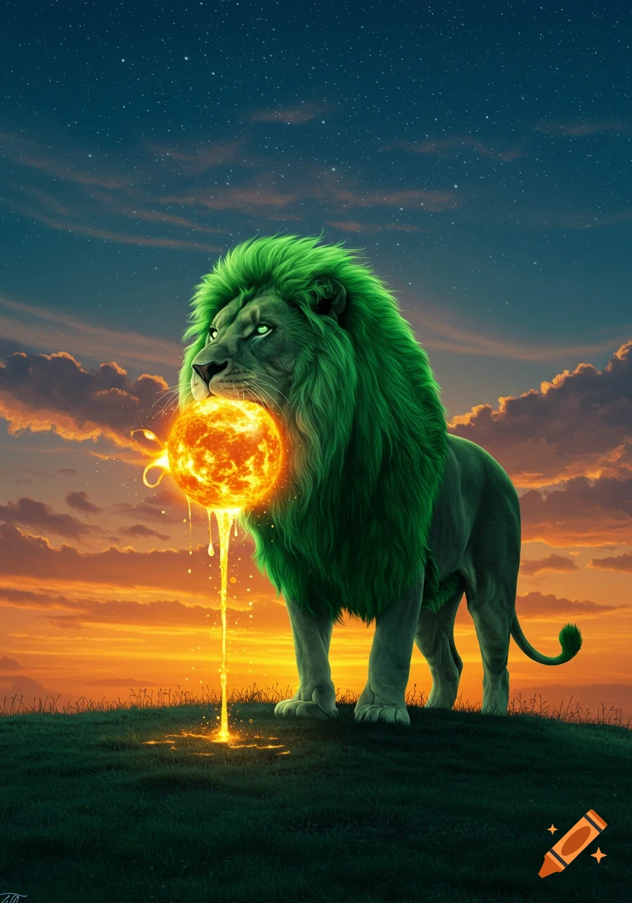 A majestic green-maned lion stands on a hill, holding a glowing, dripping sun in its mouth against a sunset and starry sky.