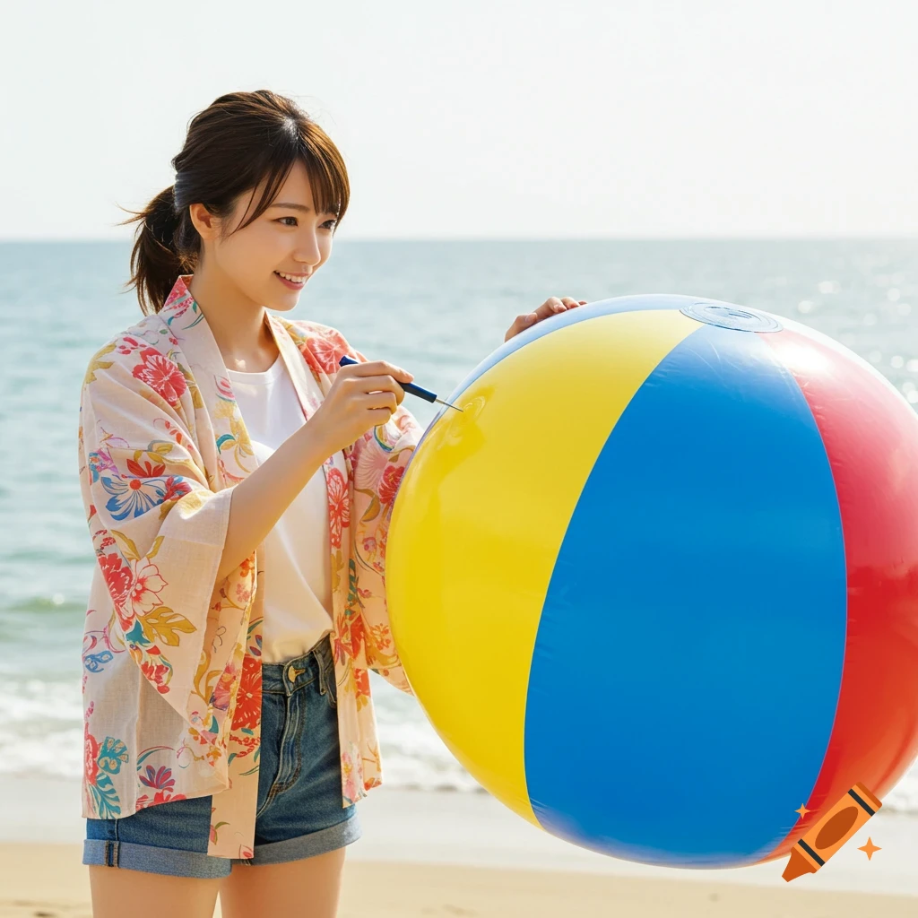 A smiling Japanese woman in a floral jacket and denim shorts holds a large colorful beach ball on a sunny beach, holding a pen to it.
