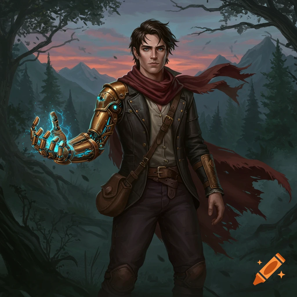 A fantasy illustration of a young man with a mechanical arm and red scarf, holding glowing blue energy, standing in a forest at dusk.
