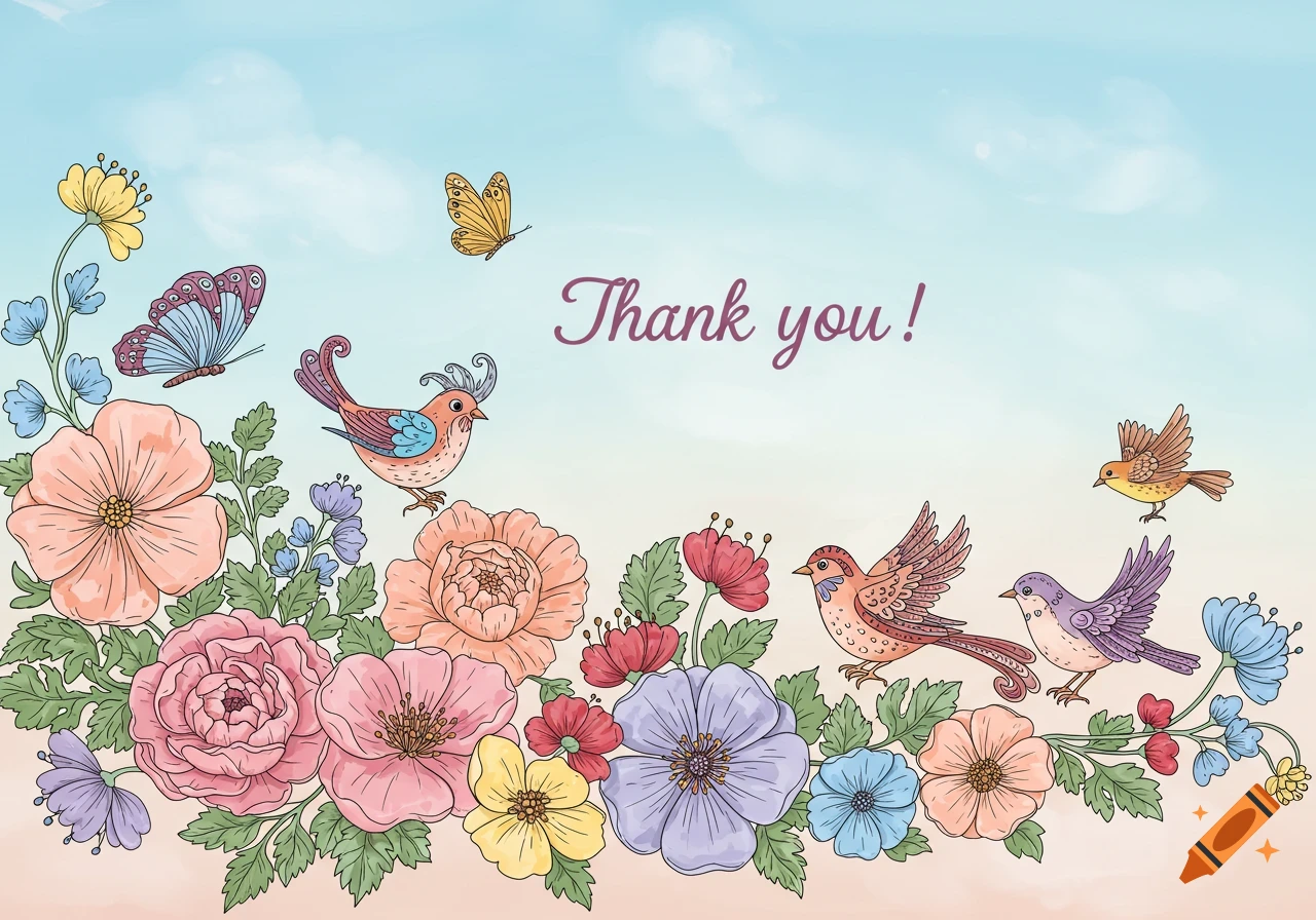 A thank you card illustration featuring colorful flowers, birds, and butterflies against a pastel sky.
