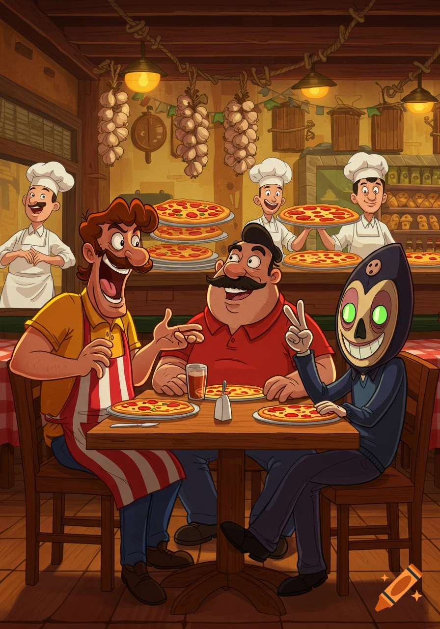Cartoon of Peppino, Gustavo, and The Noise from Pizza Tower eating pizza at a bustling Italian restaurant.