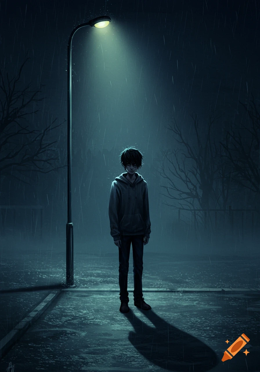 A sad teenage boy stands under a glowing street lamp in the pouring rain at night, digital art.