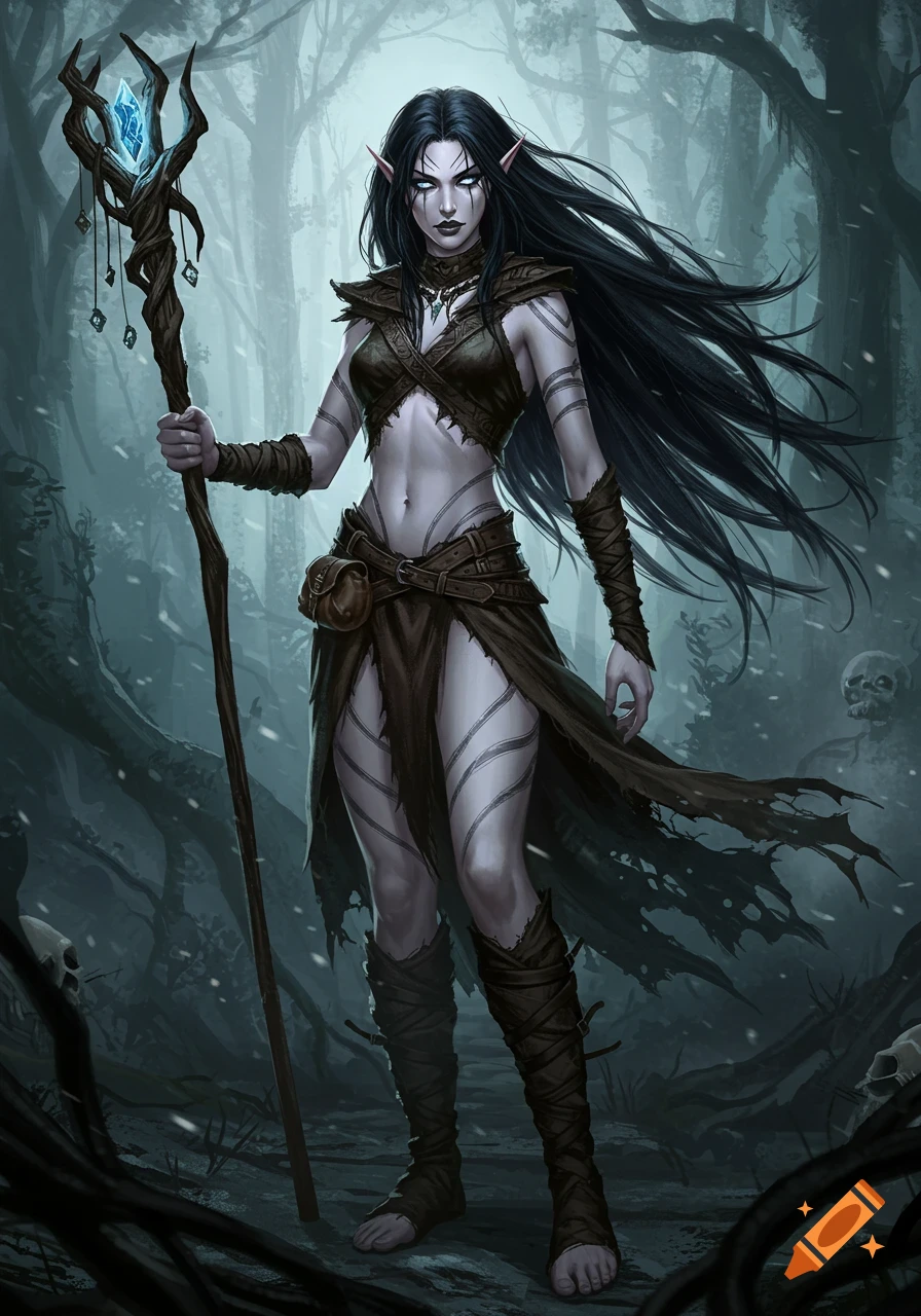 A dark elf sorceress in a skimpy outfit holds a glowing staff in a snowy, desolate forest.