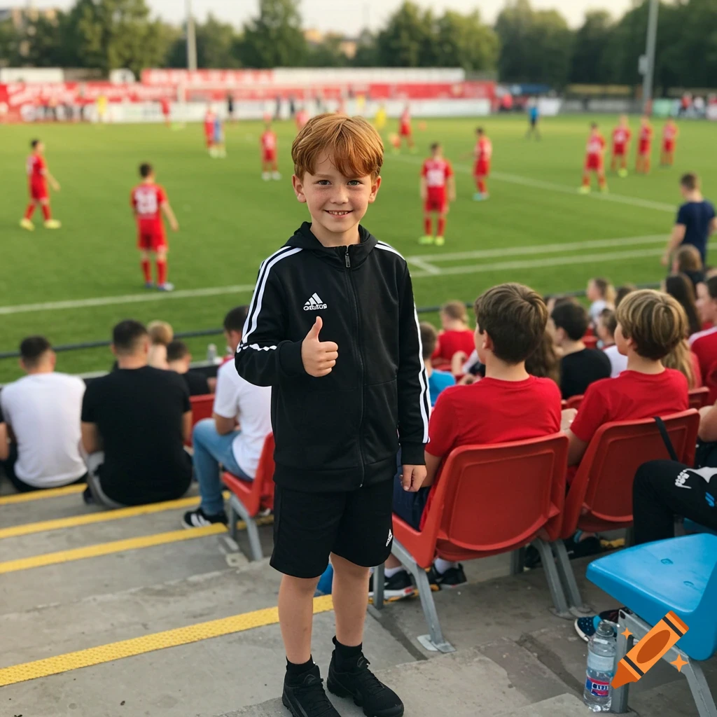 A young boy with ginger hair gives a thumbs up at a soccer game while wearing an Adidas tracksuit.