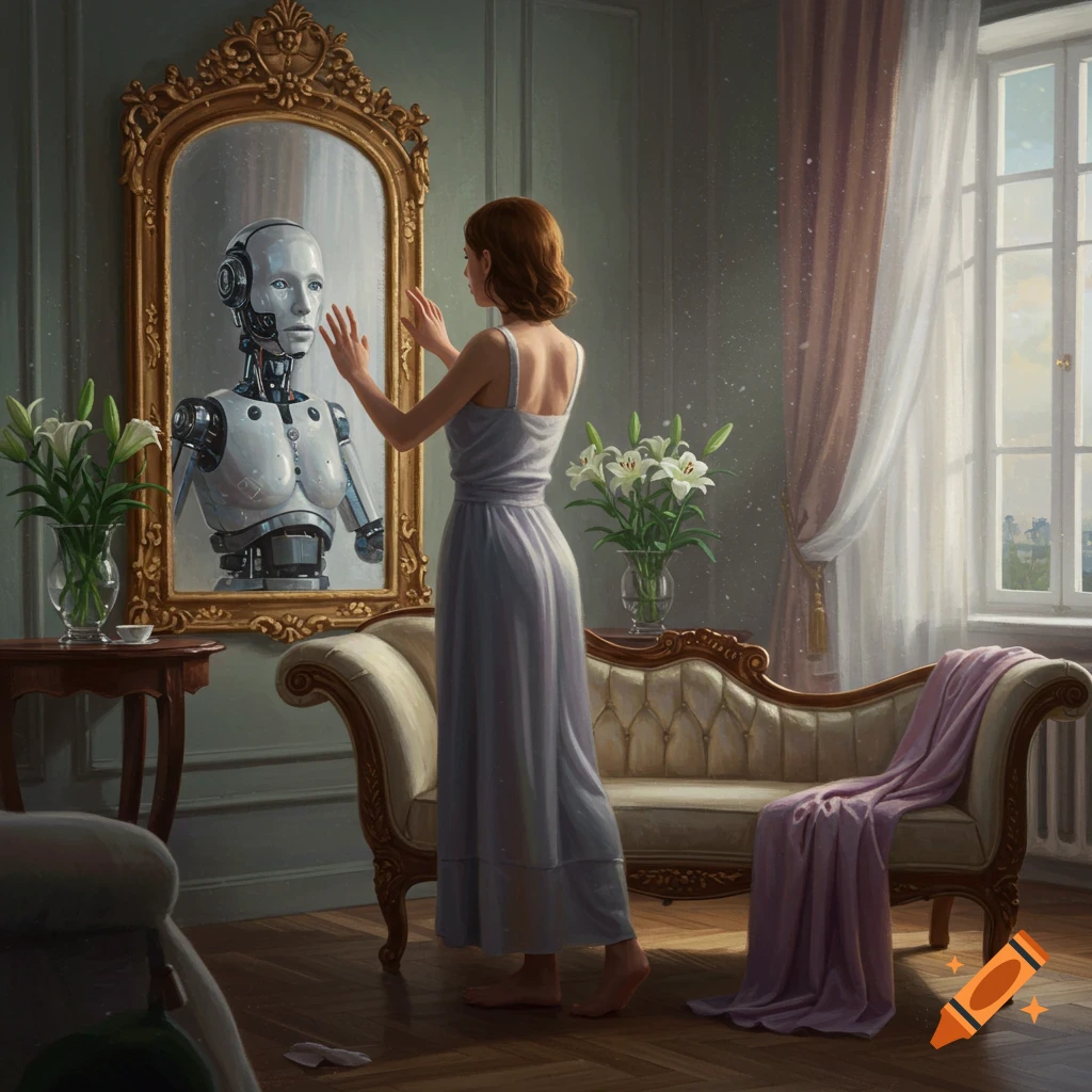 A woman in a classical room sees a robot reflection of herself in an ornate mirror.