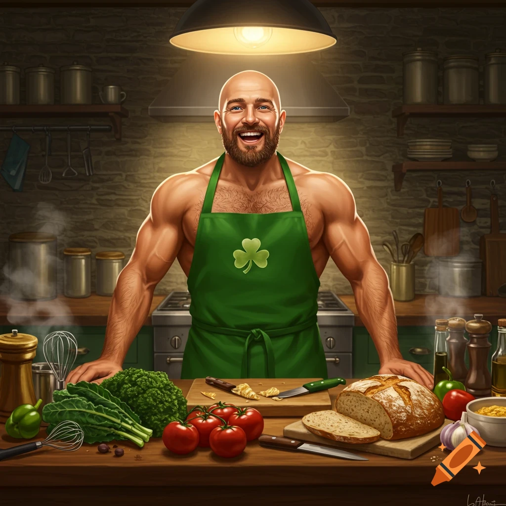 A smiling, muscular, bald man in a green shamrock apron cooks in a rustic kitchen with fresh vegetables and bread.