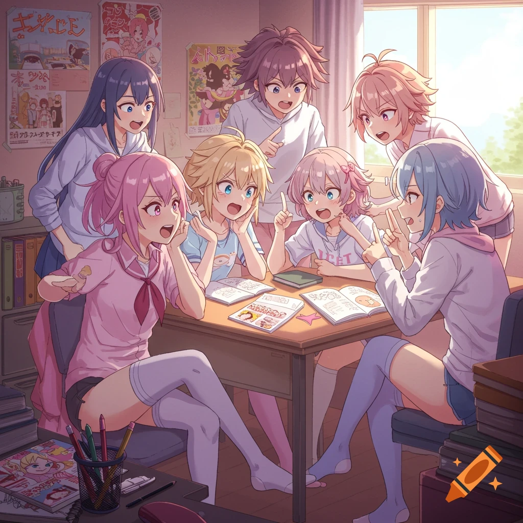 A group of six anime-style femboys with colorful hair are gathered around a wooden table, engaged in a lively discussion with open books and papers, in a brightly lit room.