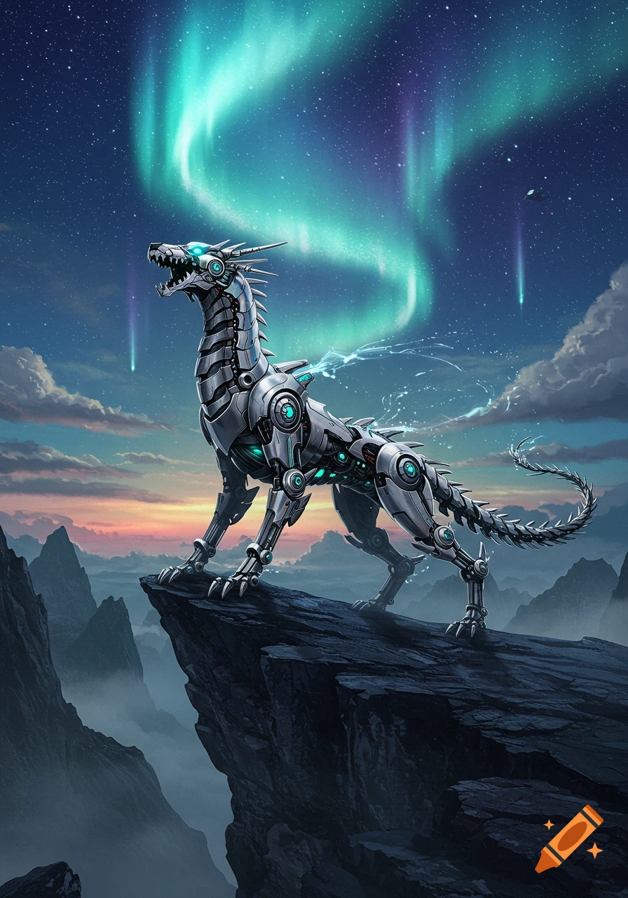 A detailed robotic dragon-wolf hybrid stands on a rocky mountain peak under a vibrant green and blue aurora borealis and starry night sky.