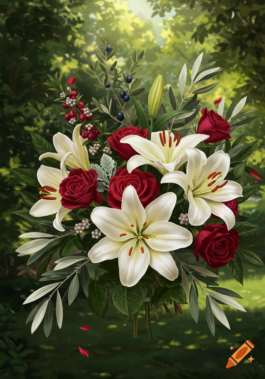 A vibrant bouquet of white lilies, red roses, and green foliage, including olive and myrtle branches, set against a soft, blurred green background.