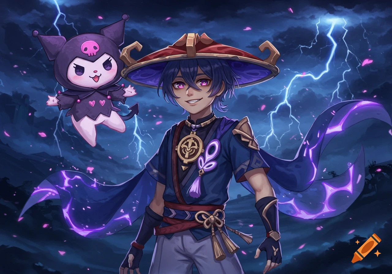 Scaramouche from Genshin Impact and Kuromi from Sanrio stand together with purple lightning and a stormy sky in an anime art style.