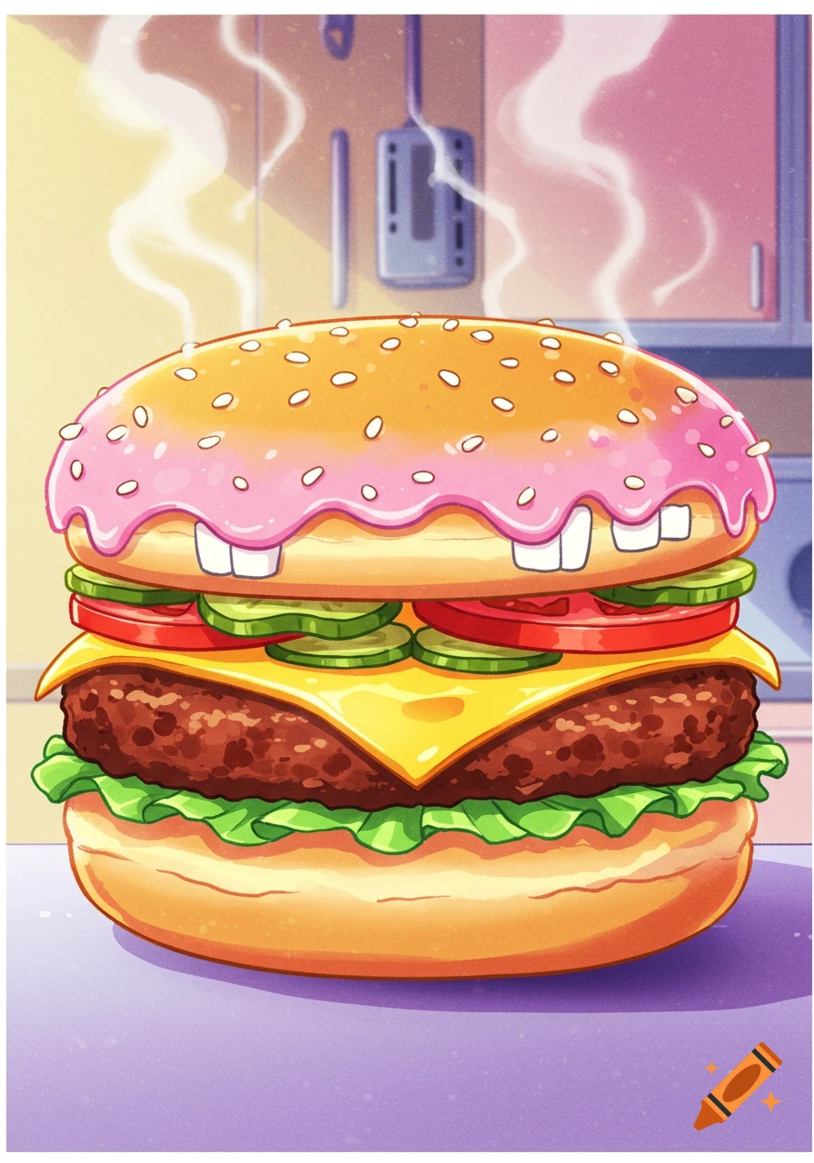 Anime-style cheeseburger with a pink donut bun with teeth, cheese, patty, lettuce, tomatoes, and pickles, in a kitchen.