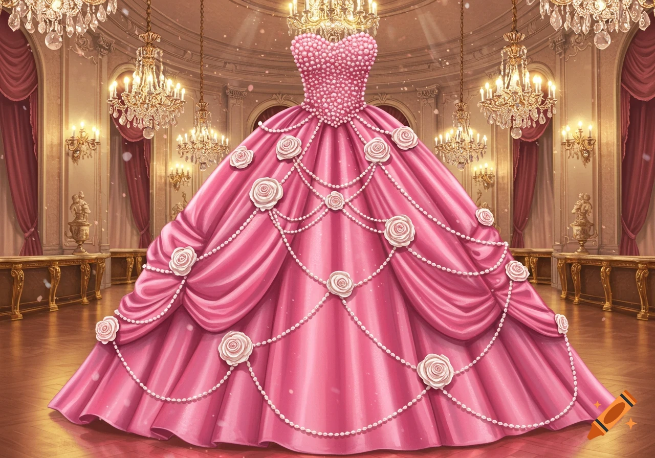 A hot pink ballgown adorned with pale pink pearls and white roses, set in a lavish, ornate ballroom with chandeliers.