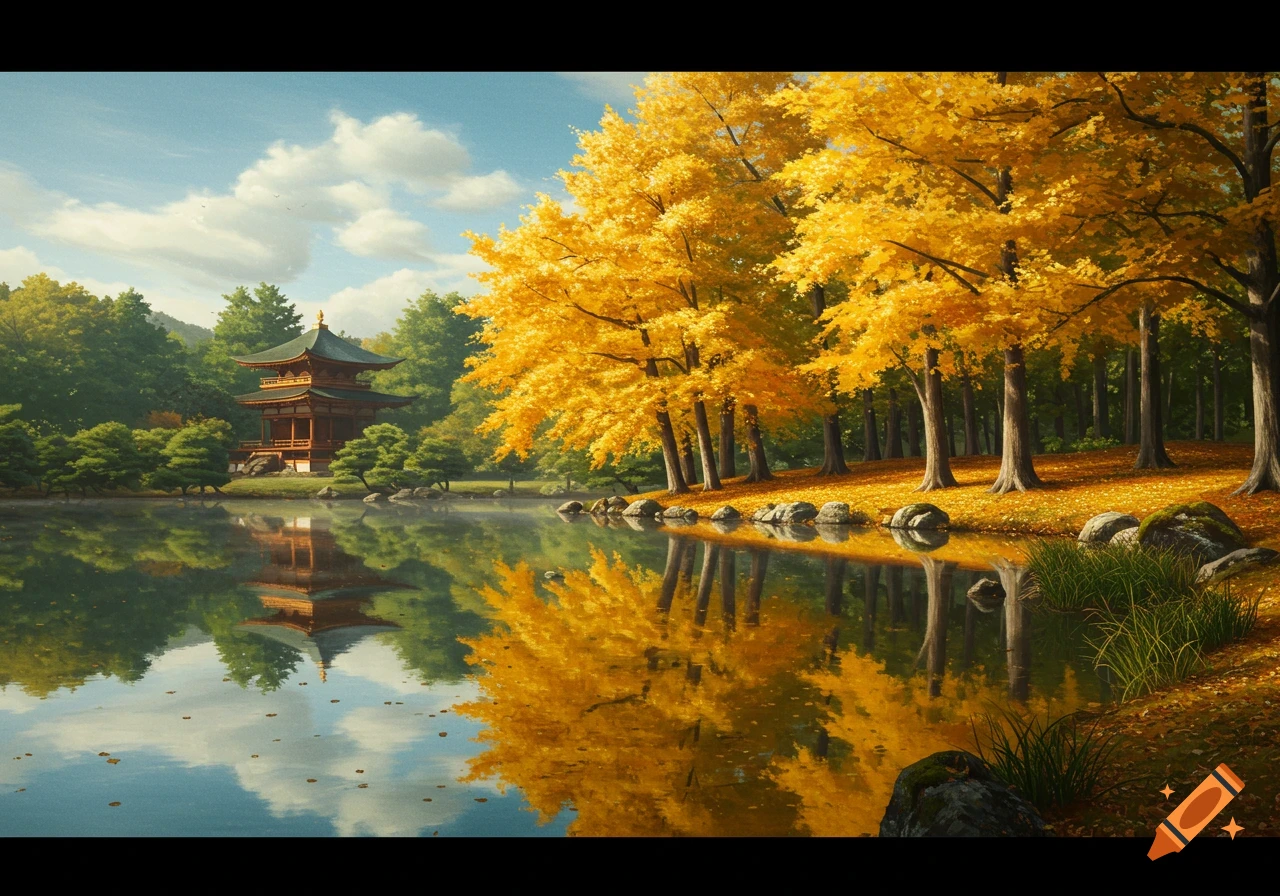 A picturesque autumn landscape featuring a traditional Japanese temple reflected in a calm lake, surrounded by vibrant golden trees under a bright blue sky.
