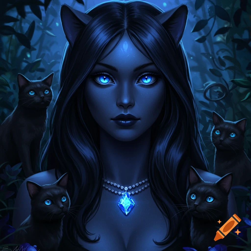A fantasy cat girl with black hair, glowing blue eyes, and a blue diamond necklace, surrounded by black cats in a dark forest. Digital art.