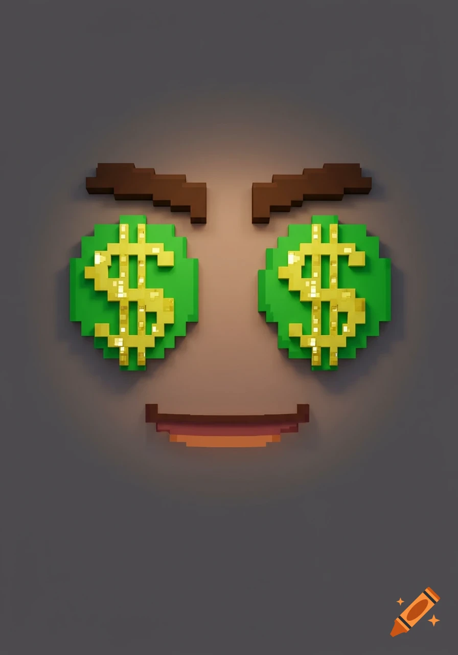 Pixel art face with dollar sign eyes and a smile on a gray background.