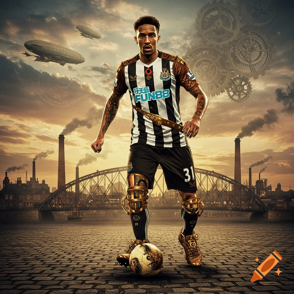 A steampunk soccer player in a black and white striped jersey and gold-colored armor, holding a steampunk-style sword. He stands on a cobblestone field with a city skyline, bridge, and airships in the background under a sunset sky.
