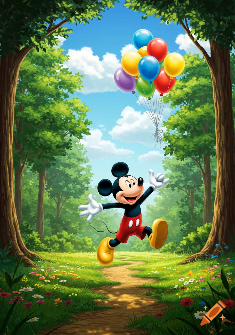 Mickey Mouse runs joyfully on a dirt path in a vibrant green forest, holding colorful balloons under a blue sky.