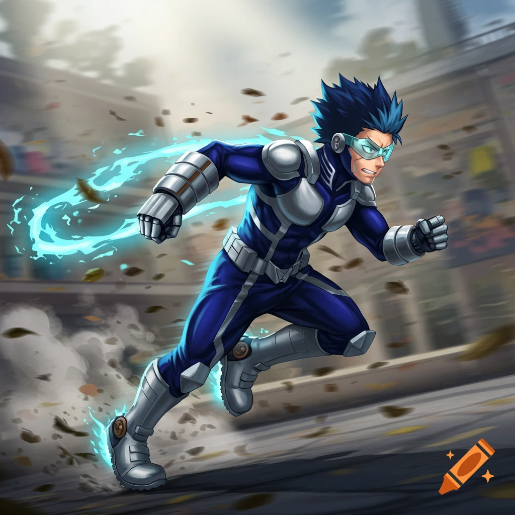 A blue-suited anime superhero with spiky blue hair and goggles runs with glowing blue energy trails.