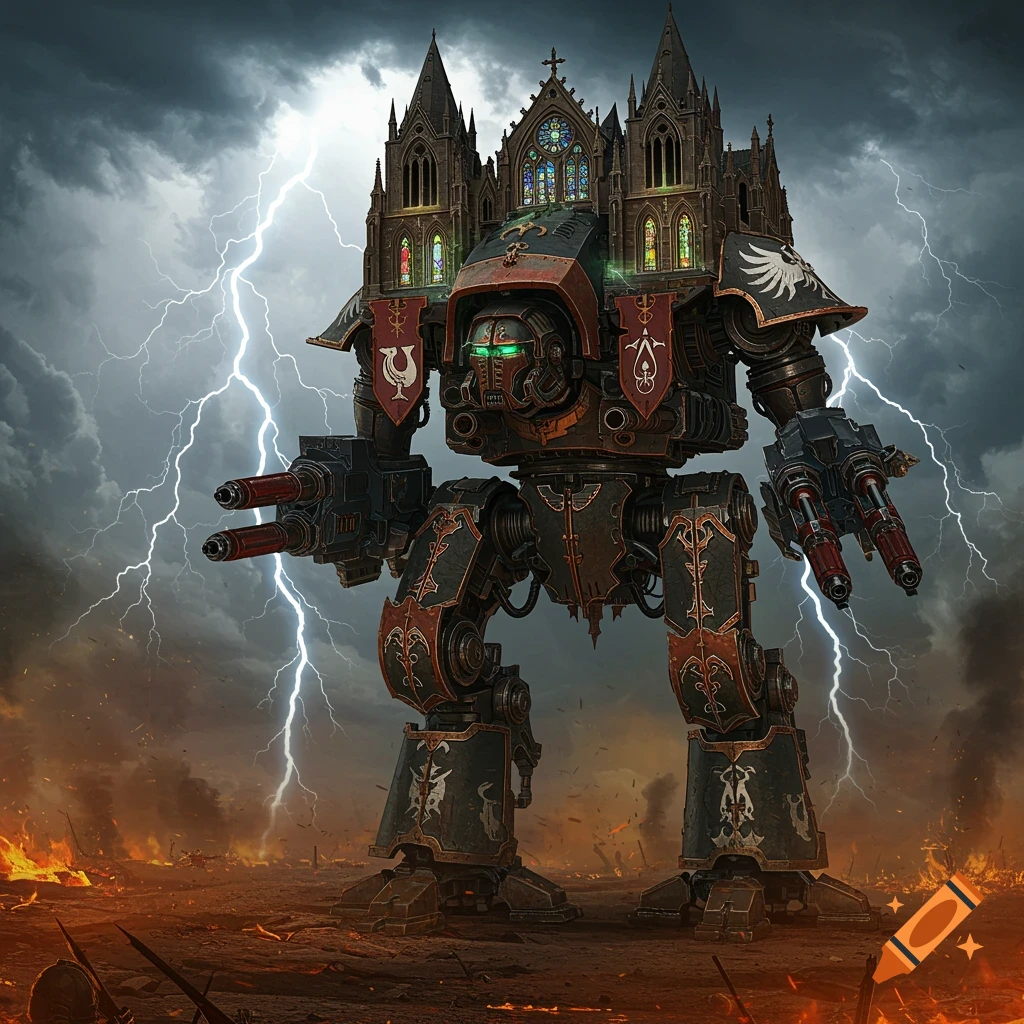 A massive, gothic-style mecha with a cathedral on its back stands on a battlefield with lightning striking behind it.