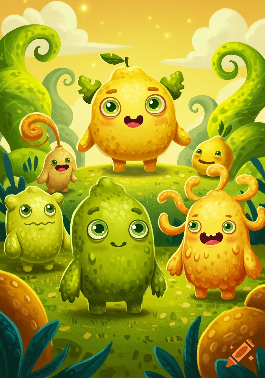 A whimsical cartoon illustration of six cute, fruit-like monsters with big eyes in a vibrant green landscape under a yellow sky.