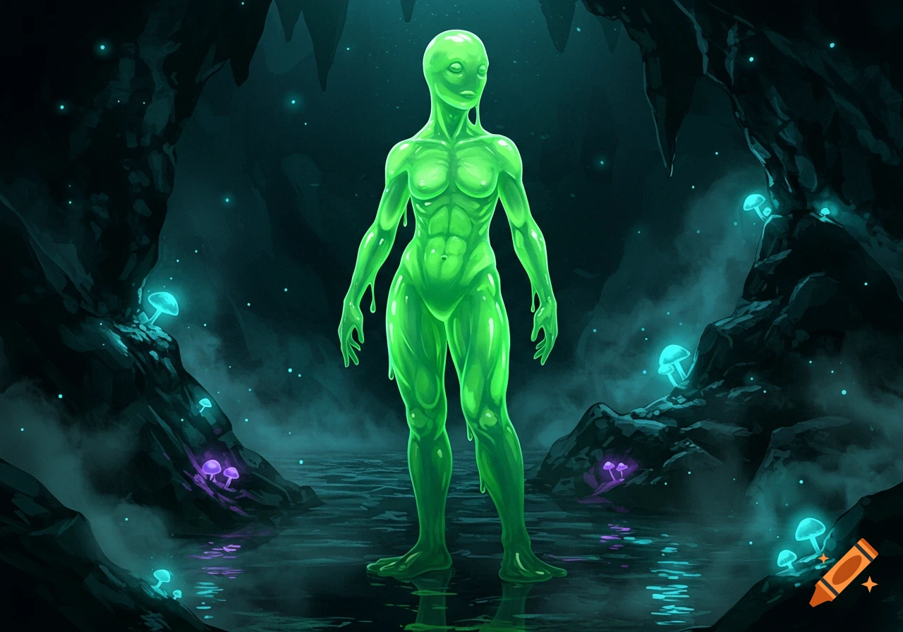 A glowing green humanoid slime creature stands in a dark cave with luminescent mushrooms and water.