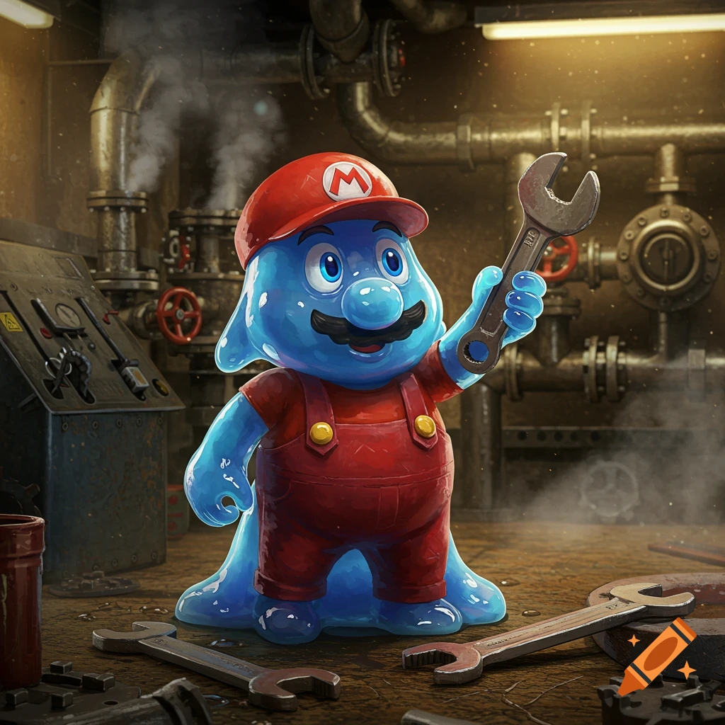 A blue, gooey, humanoid creature resembling Mario, wearing a red plumber suit and cap with an 'M' logo, holds a wrench in an industrial workshop.