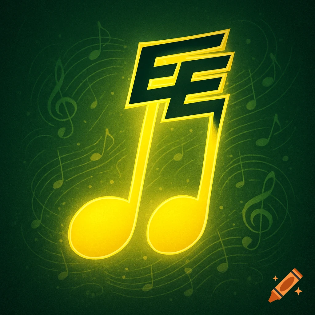 A bright yellow musical sixteenth note with black 'EE' letters as its flags, glowing against a dark green background with subtle music notes.