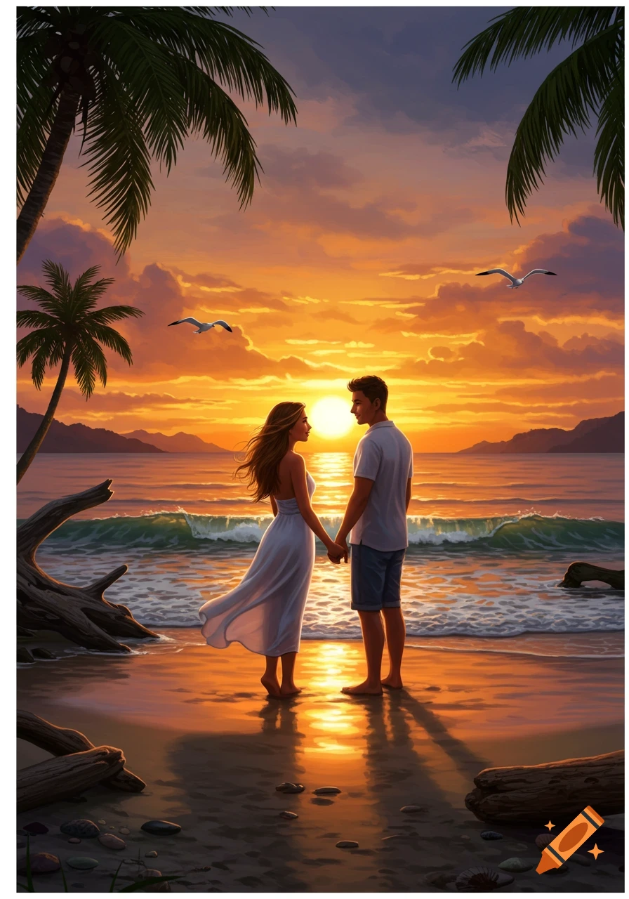 A couple holding hands on a beach at sunset, with palm trees framing the vibrant orange sky and ocean.