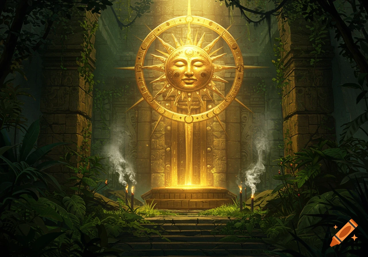 A golden sun idol stands illuminated in a lush, ancient jungle temple, with smoke rising from torches.