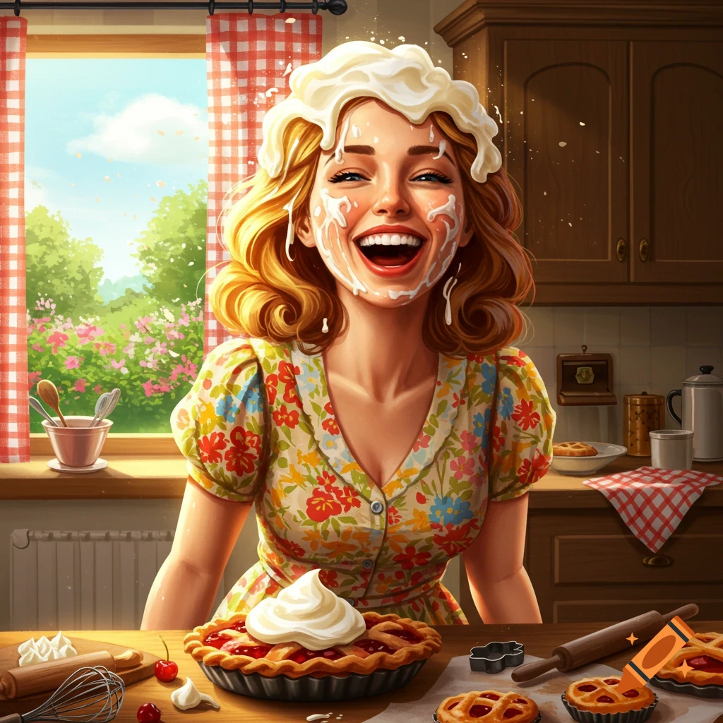 A joyful woman in a floral dress, covered in whipped cream, laughs in a bright kitchen with cherry pies.
