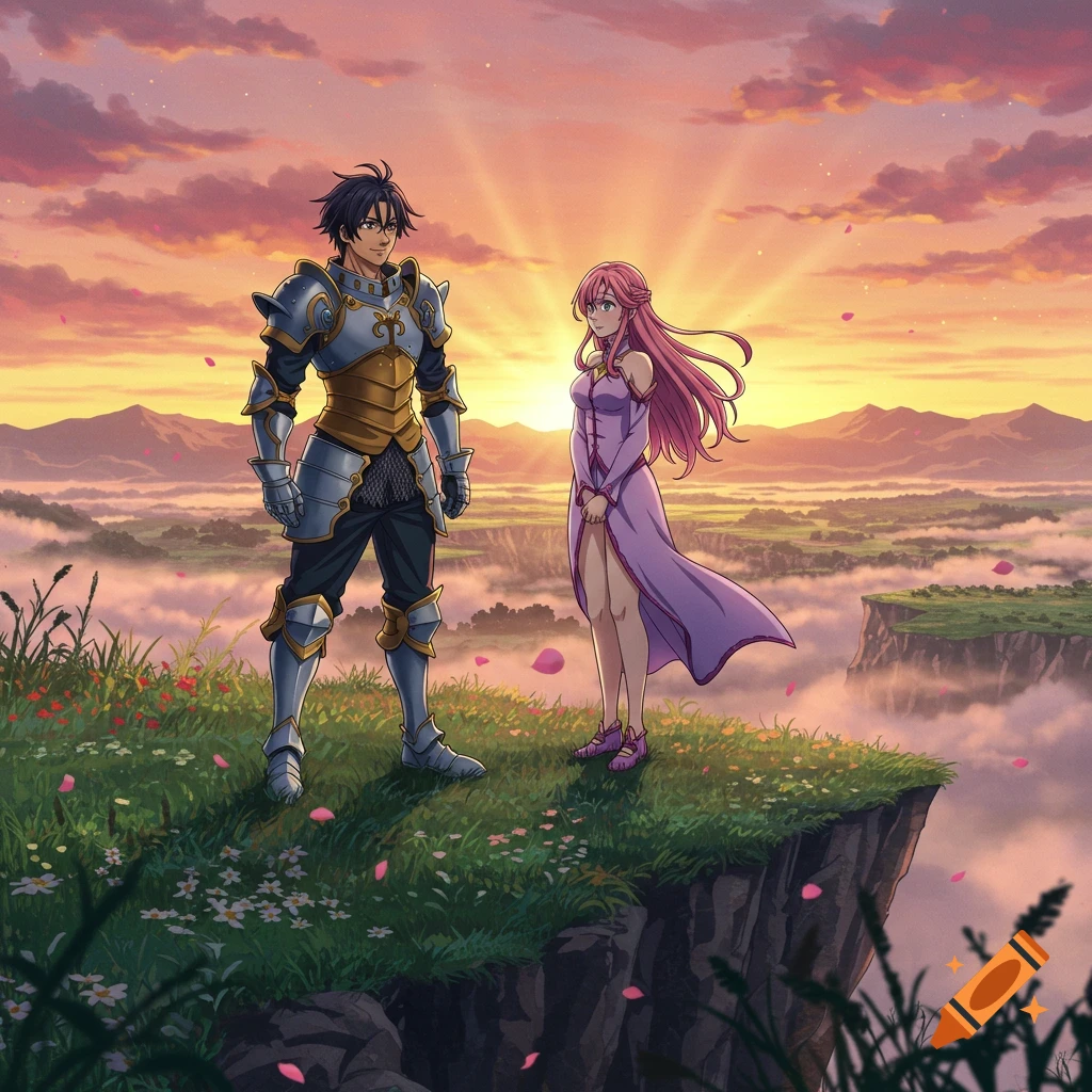 An anime male knight and a female in a purple dress stand on a cliff overlooking a misty valley at sunrise.